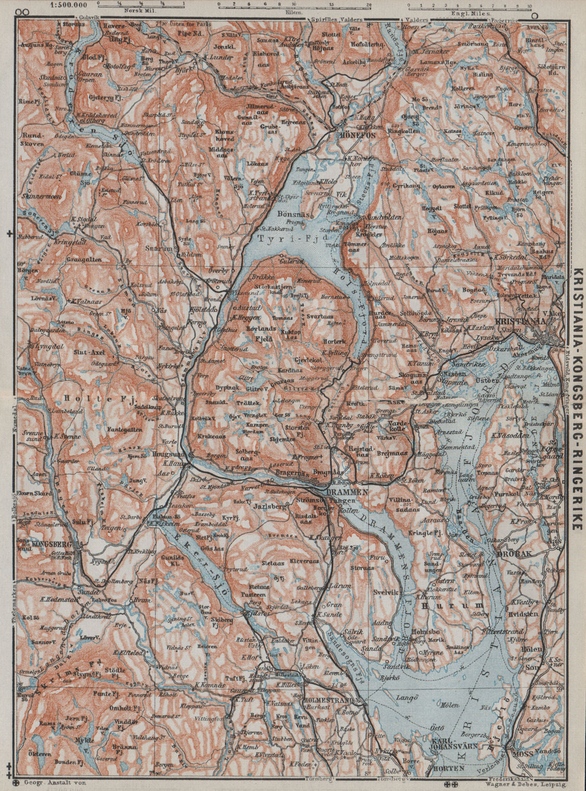 INNER OSLOFJORD. Tyrifjord Kongsberg Lake Krøderen Topo-map. Norway 1909